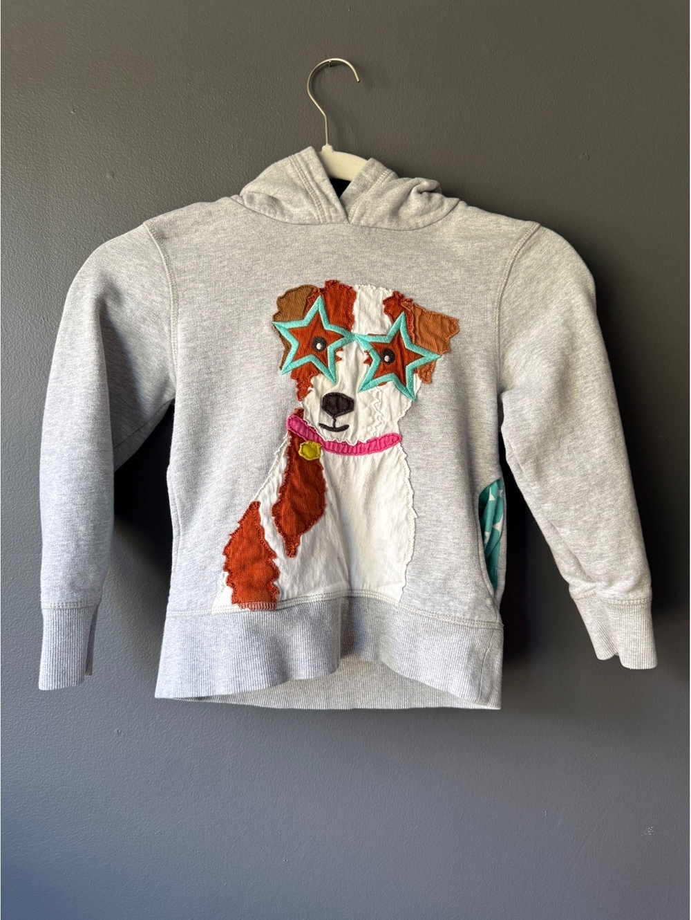 Mini Boden Kids' Grey Hoodie with Dog Applique and Star Sunglasses, Size 6-7Y